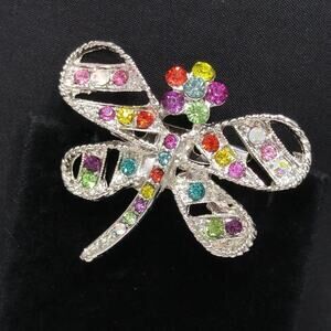 Dragonfly & Flower Brooch, Multicolored Rhinestones, Silver Tone, 1 3/4 Inches
